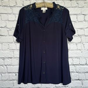 Women’s 1X Dark Blue Button Down Blouse Lace Top Flowy with Lace Detail